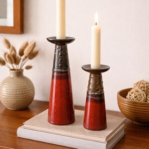 Ceramic Candle Holders Red Brown Drip Glaze Pair -- MCM‎ Style Taper Candle Set